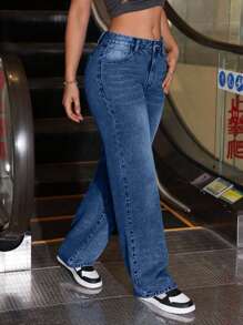 SHEIN Tall Women's Casual Washed Loose Straight Leg Jeans - Medium Wash - View 3