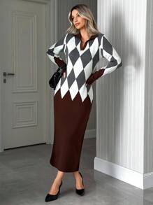 EURMUSE NAVY & WHITE ARGYLE PATTERNED LONG-SLEEVE SLIM FIT POLO COLLAR KNIT DRESS WOMEN'S WEAR,Petite - Brown - View 4