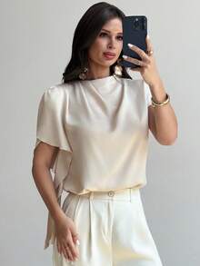 Firerie 女士优雅端庄精致浪漫通勤日常度假褶皱不对称短袖府绸修身衬衫，夏季 - 杏色 - 查看 6