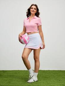 Cheerettes Women's Summer Contrast Piping Fitted Cropped Polo Shirt - Pink - View 4