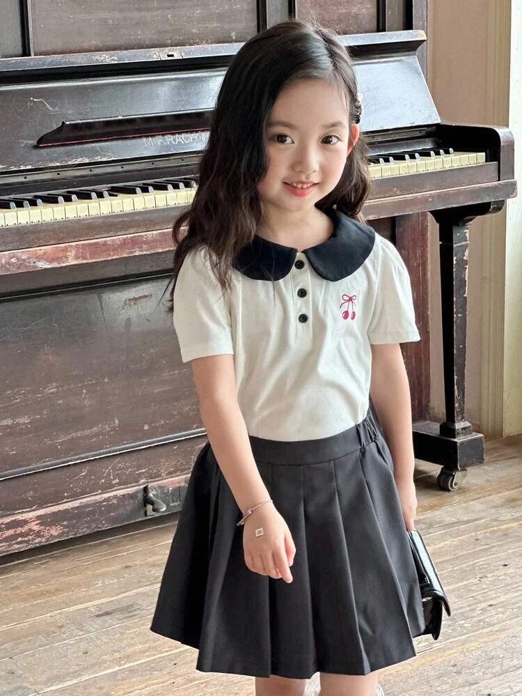 2pcs/Set Young Girl Cute Round Neck Short Sleeve Set,Girls Summer Outfits