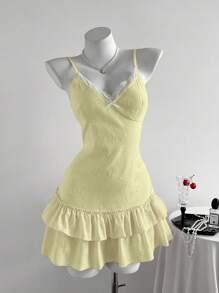 Elamini Women's Elegant Ruffle Hem Spaghetti Strap Mini Dress, Summer - Yellow - View 3