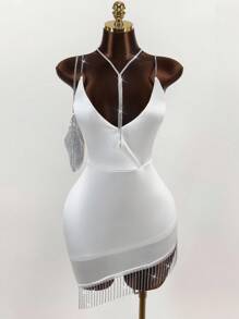 Y2K Amplova Elegant Women's Sexy Rhinestone Tassel Hem Spaghetti Strap Mini Dress, Summer White Fringe Dress White Cocktail Dress White Club Dress White Rhinestone Dress,, Ideal For Parties And Making A Statement. - White - View 4