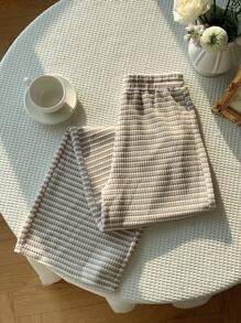 Comfortcana 女士休闲日常条纹阔腿裤、开学季舒适针织裤、乡村音乐会、女士秋季、女士早午餐 - 卡其色 - 查看 3