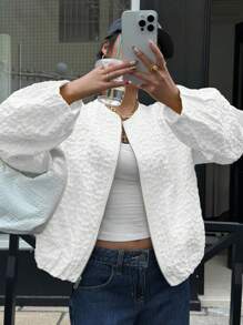 Muchica Plain White Round Neck Bomber Jacket With Regular Hem For Everyday Style White Textured Jacket White Bomber Jacket In Fall/Winter - White - View 5