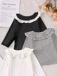 SHEIN Playful Pals 3 Stücke Baby Mädchen elegantes Rüschen Kragen gestreiftes Langarm T-Shirt, süß & modisch für Zuhause, Outdoor, Urlaub, alle Jahreszeiten - Schwarz und Weiss - Übersicht 2