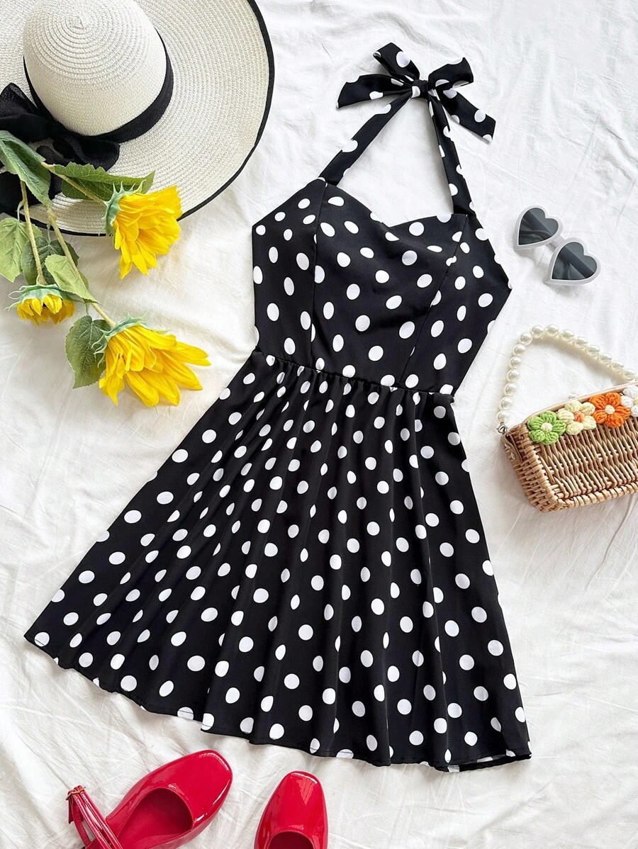 Soleia Polka Dot Print Tie Backless Halter Dress - Black - View 1