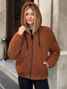 EURMUSE Sherpa Fleece Jacket With Front Zipper Closure, Black Trim Detail On Collar, Warm And Cozy Casual Outerwear Brown Teddy Jacket Brown Sherpa Jacket Teddy Hoodie Sherpa Hoodie Womens Brown Jacket - Camel - View 5