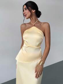 Firerie 女士浅黄色串珠系带前吊带背心和低腰中裙套装，适合春夏季休闲度假，浅色套装，春夏季服装，沙滩装，性感，度假，海滩，波西米亚，夏威夷 - 黃色 - 查看 5