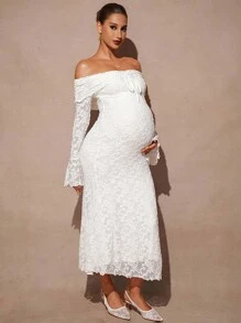 MaterniChic Maternity White Dress Autumn And Winter Maternity Solid Color Off Shoulder Flare Sleeve Lace Fitted Long Dress