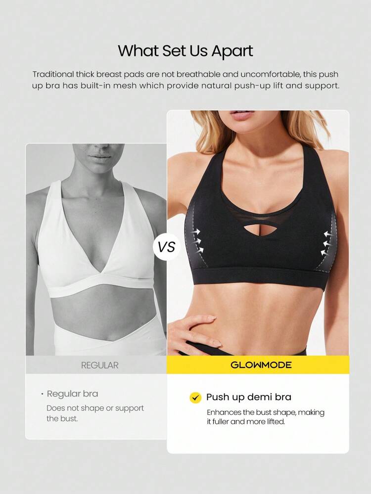 FeatherFit™ Stand Out Buttery-Soft Stretchy Sweat-Wicking Push-Up Removable Cups Strappy Mesh Sports Bra Low Impact Yoga Pilates Barre Studio Daily Casual Wear  Spring Summer