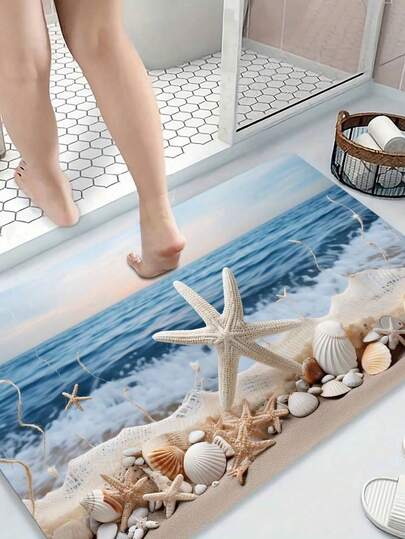 2 قطعة حصيرة استحمام من الطين الديتومي فائقة الامتصاص - خفيفة الوزن وبسيطة لحمام، سجادة/سجاد بنقوش المحيط/الأصداف/نجوم البحر - ديكور جذاب، قاع مانع للانزلاق، نقوش استحمام جذابة