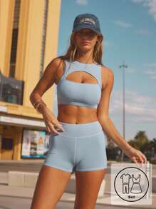 Aralina Conjunto deportivo de verano para mujer con top de tirantes de cuello redondo y pantalones cortos con diseño calado de unicolor - Celeste - Ver 1