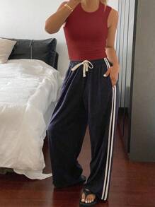 DAZY 女士休闲运动风格宽松背心上衣和裤子家居服套装睡衣 - 酒紅色 - 查看 5