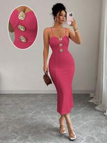 Elenzga Women's Elegant & Fashionable Solid Color Sleeveless Bodycon Dress With Metal Buckle Decor, Summer