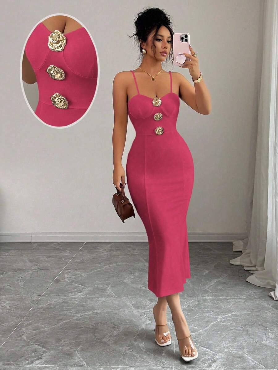 Elenzga Women's Elegant & Fashionable Solid Color Sleeveless Bodycon Dress With Metal Buckle Decor, Summer