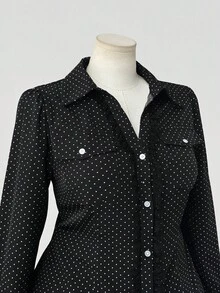 Sunspun Plus Size Polka Dot Long Sleeve Polo Collar Button Up Blouse, Slimming Fall Cloth For Women