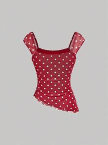 SHEIN MOD Polka Dot Print Bowknot Asymmetric Ruched Mesh Blouse, Red And White Top - Burgundy - View 2