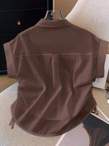 INAWLY Women's Summer Knight Print Bat Sleeve Pleated Casual Shirt - Coffee Brown - View 2