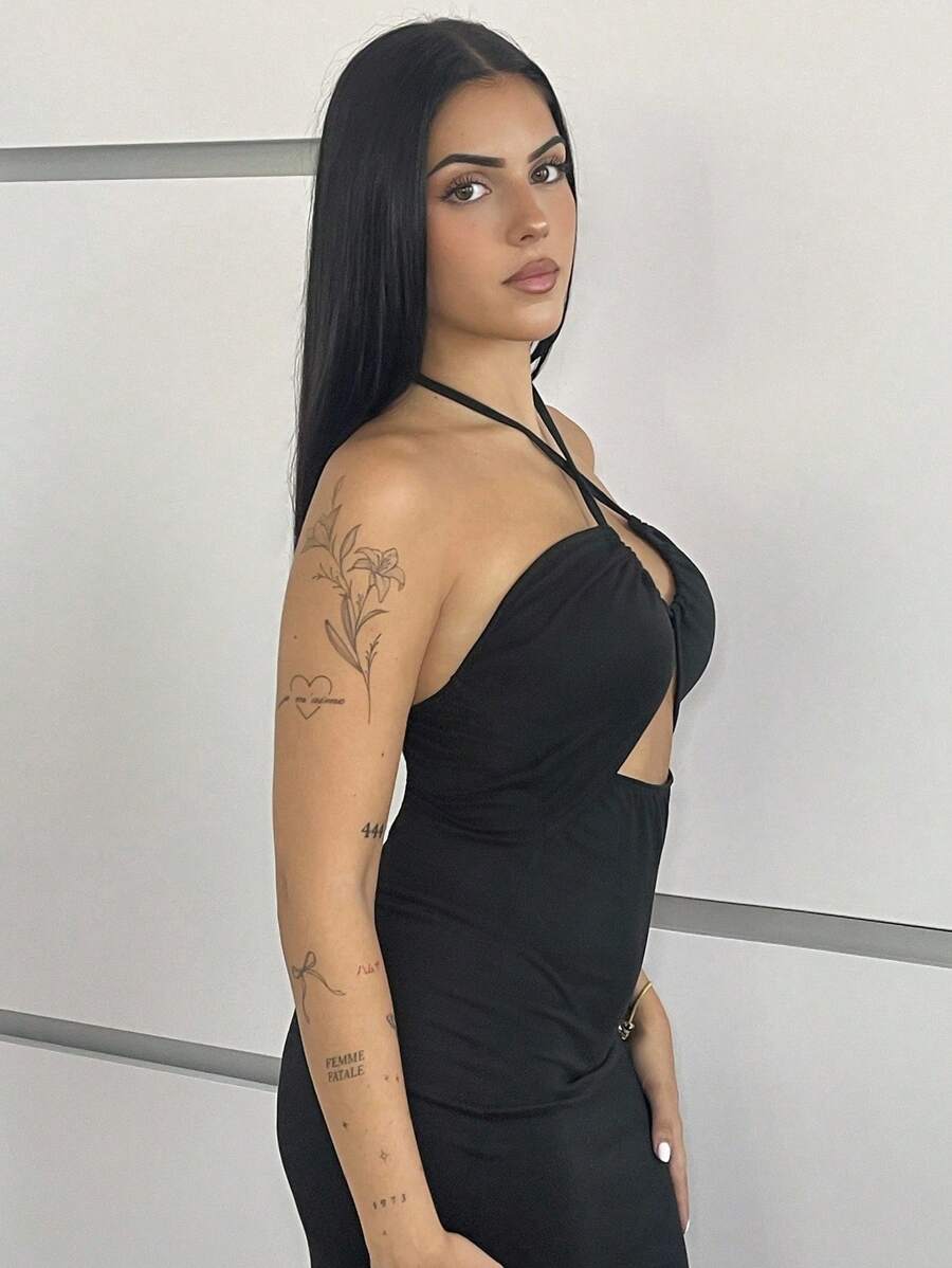 Lucia Bellido 性感黑色无袖紧身露背连衣裙女式超长女装 - 黑色 - 查看 1