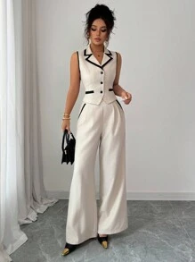 Siren Gaze Women's Elegant Commuter Contrast Trim Vest & Pants Suit F,All Outfits For Women,Back To School , Teacher Outfits For Women , Wedding Guest Dress Elegant ,Business Casual Woman ,Wedding Guest Dress Elegant,Old Money Style Women, Button Up Shirt Women, In Fall/Winter - Apricot - View 5