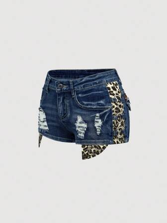 J-Fashion Y2K Gyaru Harajuku Bauchfrei Leoparden Muster Vintage Tief Taillierte Skinny Super Tief Taillierte Damen Jeans Shorts