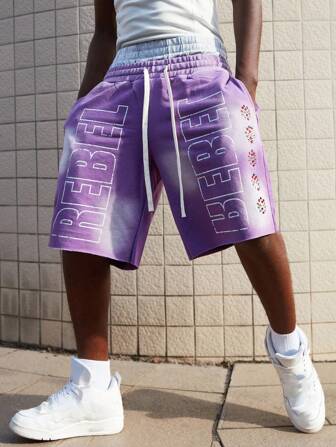 Street Life Pantalones cortos con cordón de cintura con diamantes de imitación y estampado para hombres