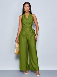 SOLERSUN 女士纯色褶皱侧系腰无袖上衣和裤子两件套休闲套装 - 軍綠色 - 查看 6