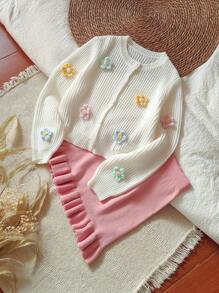 SHEIN 2pcs Girls' Countryside Style Handmade 3D Flower Sweater Cardigan And Mini Skirt Set, Suitable For Back To School, Halloween, Christmas - Pink - View 7