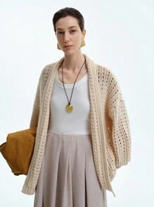 SHEIN LUNE 女士系带开衫夹克，复古硬币风格，羊毛混纺，秋冬 - 杏色 - 查看 5