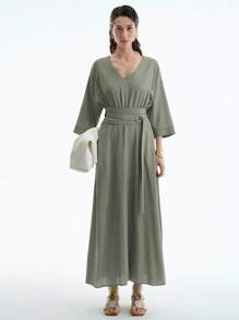 Aalyst Váy midi dáng chữ A tay 3/4 thanh lịch, tối giản, sang trọng, thời trang công sở, đi làm, đi biển, nghỉ dưỡng, lễ hội âm nhạc, cổ chữ V bằng sợi tre màu trơn, vai trễ, tay áo bó, thắt lưng eo cổ điển, khoen chữ D bằng kim loại, trang trí, dáng chữ A, tay áo 3/4, mùa xuân/hè - xanh quân đội - Xem 5