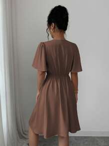 Elenzga Women's Casual Elegant V-Neck Ruffle Sleeve Decorative Button Hem Elastic Waist Short Dress, Suitable For Spring/Summer, Commute, Vacation, Afternoon Tea, Party - Brown - View 2