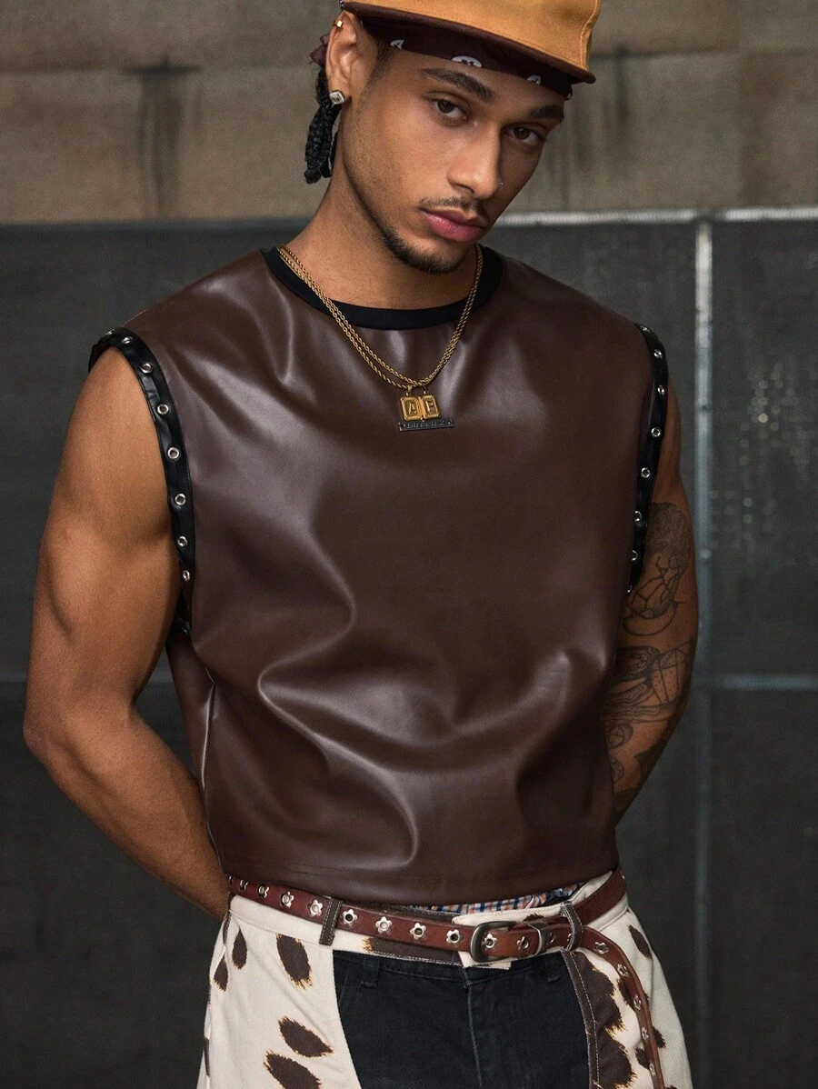 AXEPEAK 男士时尚街头风圆领无袖印花前片上衣 - 棕色 - 查看 1