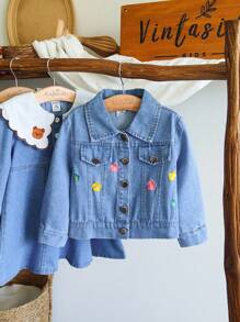 Vintaside Kids Baby Girl Autumn Fashionable & Versatile Floral Embroidery Washed Denim Jacket, Suitable For Daily Leisure Time And Mild Autumn Weather - Baby Blue - View 5