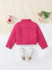 Young Girl's Distressed Button Front Flip Detail Denim Jacket - Hot Pink - View 2