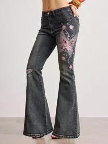 ROMWE Goth Vintage Y2K Schmetterling & Rose Jacquard bestickte Damen Skinny Flared Jeans mit niedriger Taille