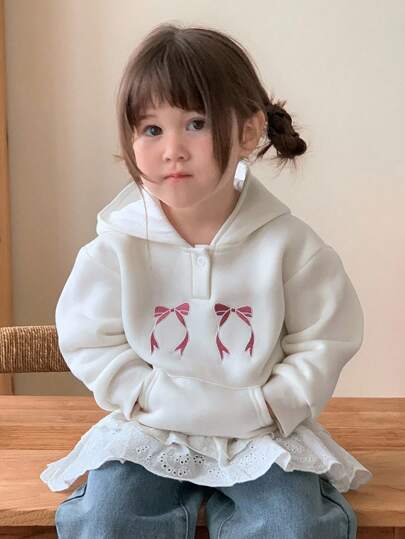 DAZY Baby Girl Korean Style Hooded Sweatshirt With Bow Embroidery, Long Sleeve, Spring/Autumn