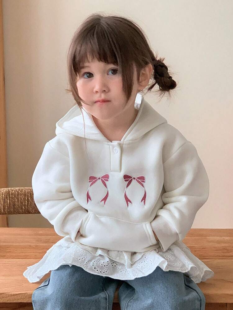 Baby Girl Korean Style Hooded Sweatshirt With Bow Embroidery, Long Sleeve, Spring/Autumn