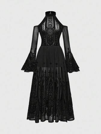Goth Vestido de manga abullonada con hombros descubiertos y patrón de castillo gótico retro estampado para mujer, Halloween