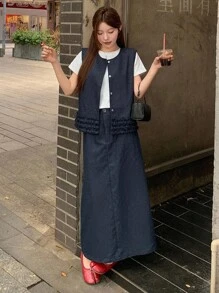 DAZY 女士休闲韩版蝴蝶结吊带背心和宽松牛仔裙两件套 - 藍色 - 查看 6