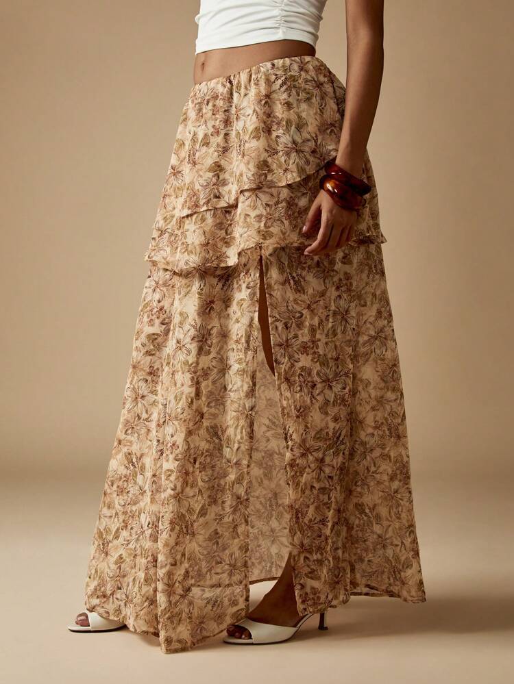 MISSGUIDED Bohemian Floral Tiered Maxi Skirt With High Slit Ruffle Overlay Design Beach Summer Holiday Long Skirt Flowy Chiffon Layered Casual Resort Wear