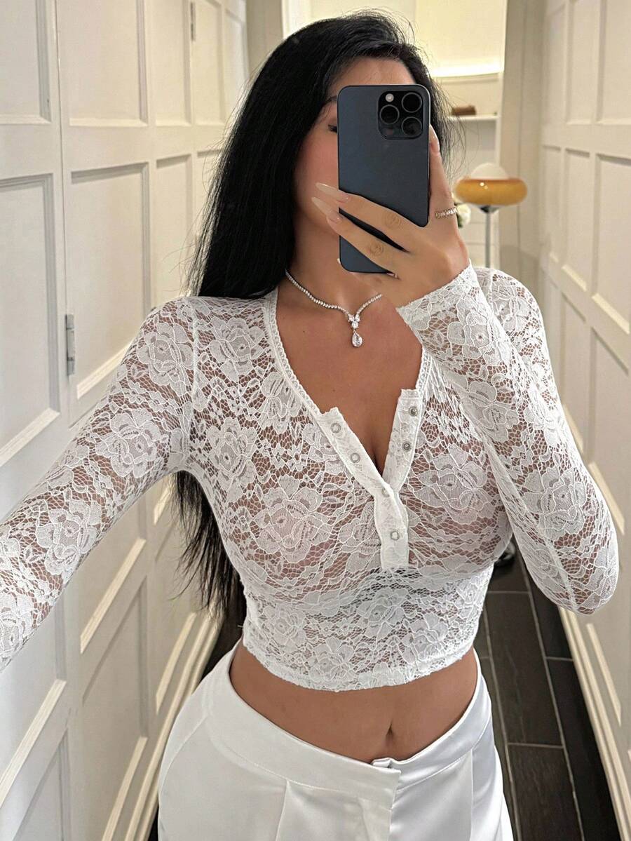 DAZY Women's Summer Round Neck Half-Placket Fitted Long Sleeve Lace Mesh T-Shirt, Sexy Minimalist Top