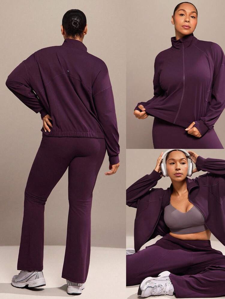 FeatherFit™ Jaqueta Esportiva de Manga Longa com Zíper, Gola, Aberturas para Polegar, Bolsos Ocultos, Tecido Respirável e Secagem Rápida, Adequada para Uso Diário e Casual, Tamanhos Plus Size