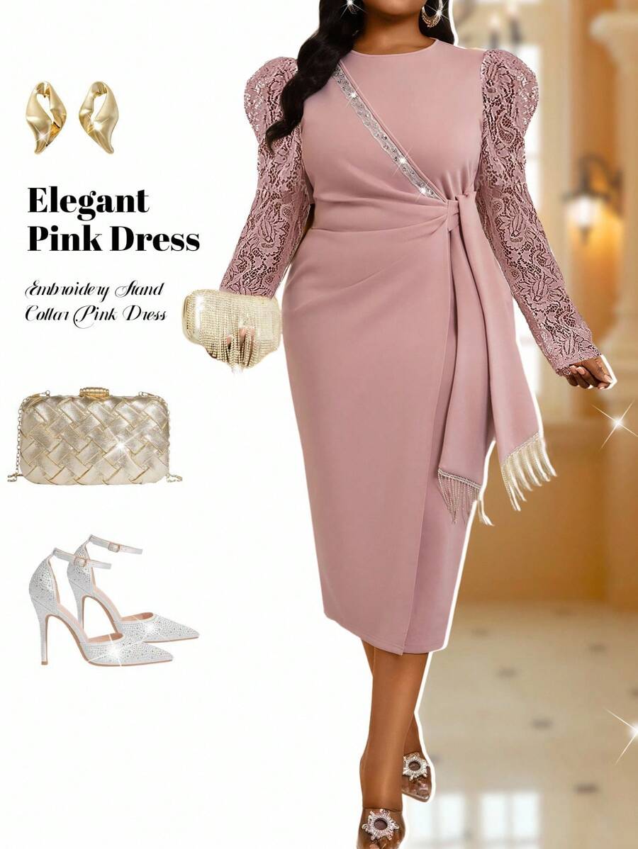 Fleurora 大码女式纯色圆领蕾丝拼接灯笼袖亮片设计侧系腰优雅连衣裙，适合婚礼、派对婚礼宾客礼服曲线婚礼宾客礼服曲线婚礼宾客礼服曲线粉色连衣裙优雅 - 粉色 - 查看 1