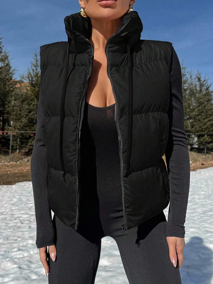 EURMUSE Stand Collar Solid Color Zip-Up Vest For Winter - Black - View 1