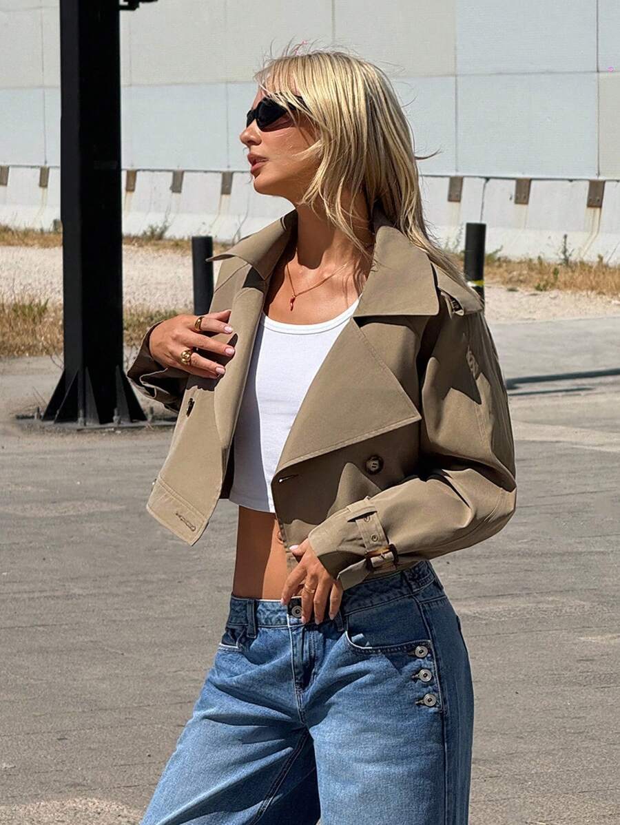 SHEIN ICON Women's Fashion Solid Color Double-Breasted Short Trench Coat Crop Top Jacket Summer Jacket Khaki Jacket Oversized Jacket Cropped Jacket In Fall/Winter
