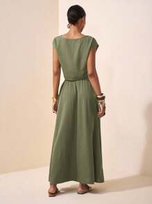 Zivah Summer Elegant Vacation Holiday Ladies Two Pieces Suit,Olive Green Round Neck Raglan Short Sleeve T-Shirt & Woven Pleated Green Wave Stripe Long Skirt - Army Green - View 2