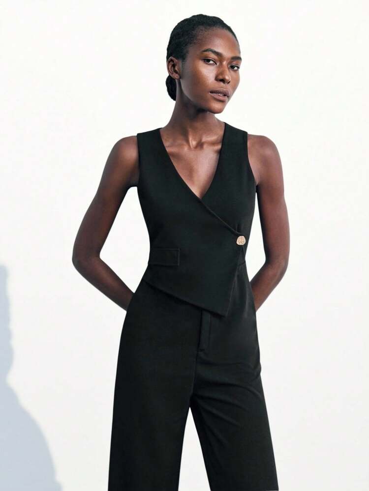 SHEIN Maija 2025 Futuristic Urban Deep V Neck Metal Buckle Asymmetric Design For Women, Suitable For Early Autumn Casual Wear Black Jumpsuit Women Sleeveless Jumpsuit Black One Piece Jumpsuit Elegant Black Jumpsuit Women Black Jumpsuit Black Pantsuit Women Work Jumpsuits For Women Women Dressy Jumpsuit Black Sleeveless Jumpsuit, Fall Clothes For Women,Winter Clothes For Women,Winter Clothes,Night Out,Going Out Tops Women, Night Out Outfit,Date Night Outfit,Old Money Style Women