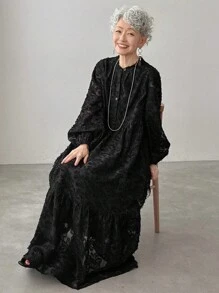 FRIFUL 女式黑色纯色纹理面料收腰褶皱宽松休闲连衣裙，百搭，秋冬长袖连衣裙