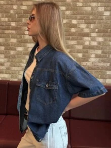 DAZY 女式宽松短袖牛仔衬衫、牛仔夹克、秋季女装 - 藍色 - 查看 4